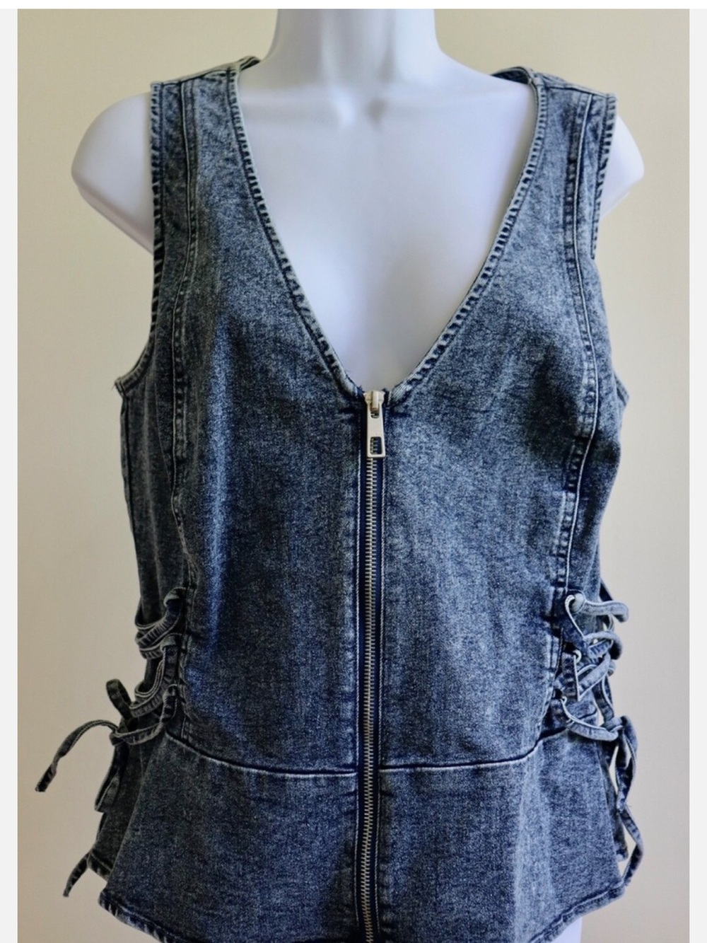 Venus Dark Wash Denim Zip Front Tank with Side Lace-Up - Picture 2 of 5